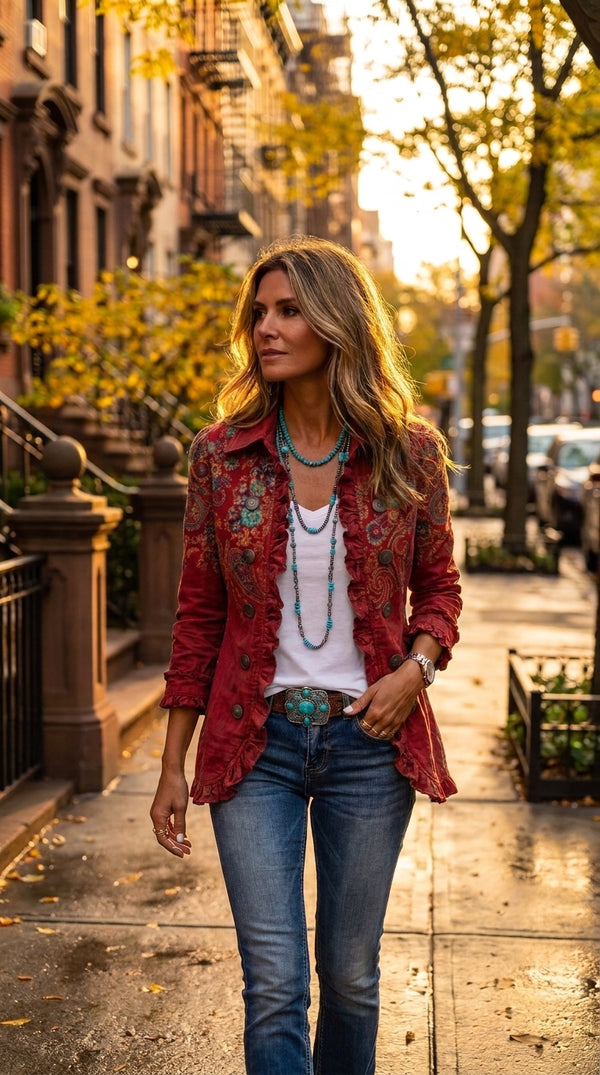 Camille — Chaqueta bohemia paisley roja con volantes