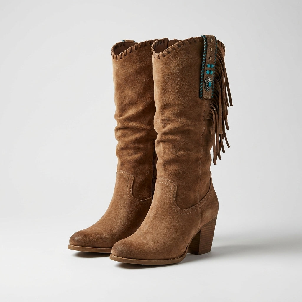 Botas Cowboy Boho Mujer con Flecos y Tacón Medio
