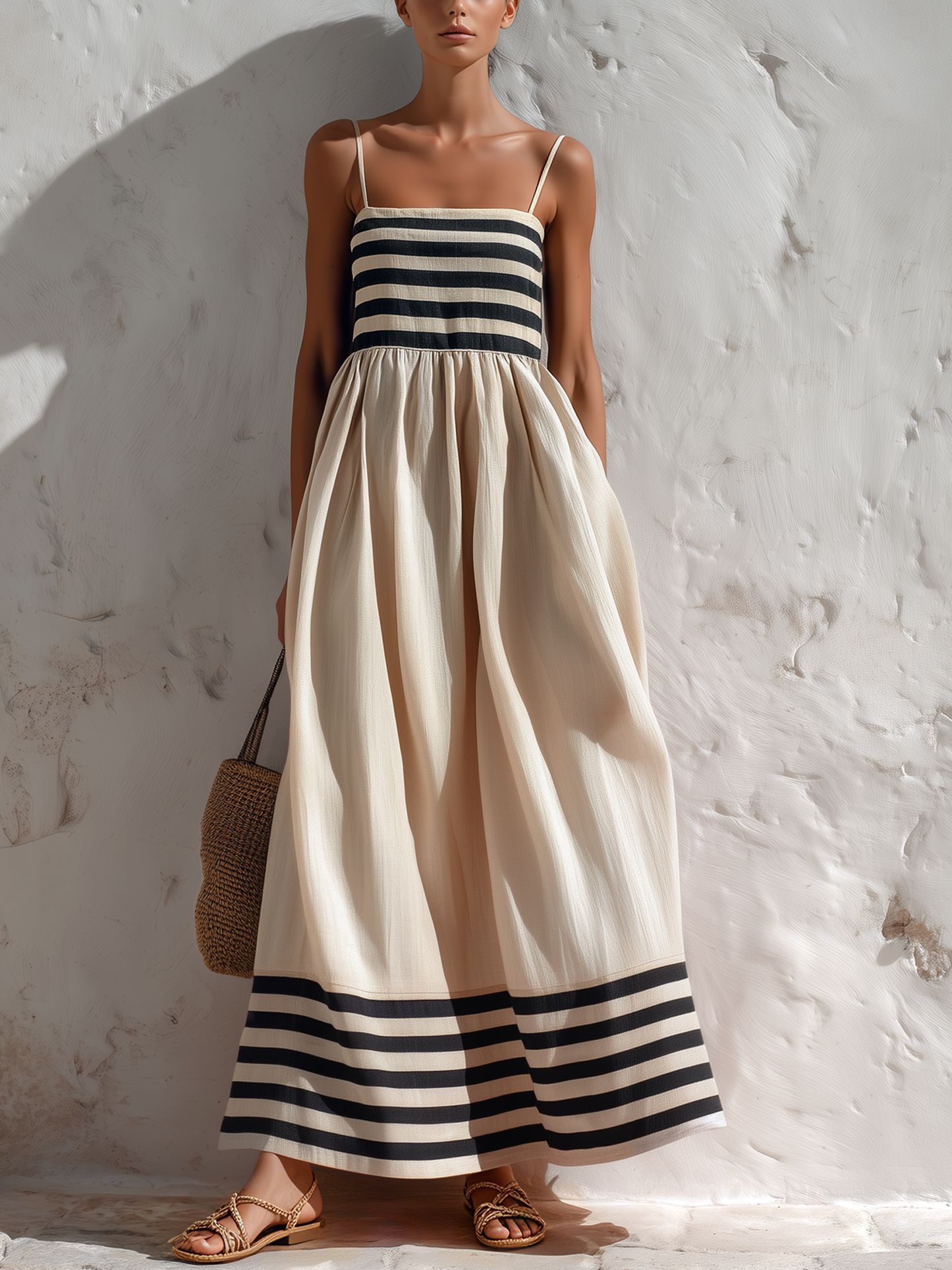 Ortensia — Vestido largo de rayas negras y beige con tirantes finos.