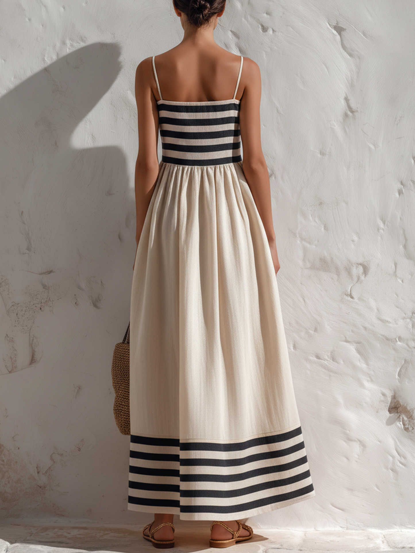 Ortensia — Vestido largo de rayas negras y beige con tirantes finos.