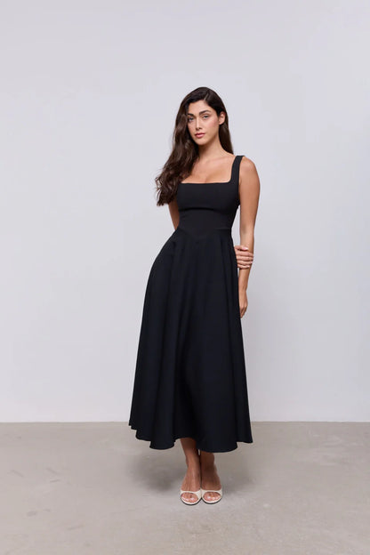 Elena — Vestido Midi Cuello Cuadrado