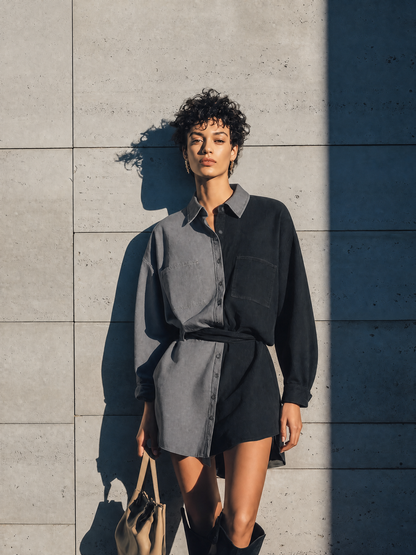 Vera — Camisa Denim Bicolor con Cinturón