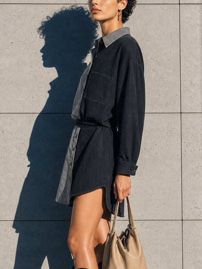 Vera — Camisa Denim Bicolor con Cinturón