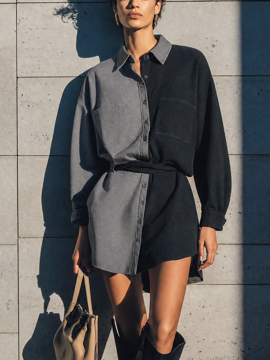 Vera — Camisa Denim Bicolor con Cinturón