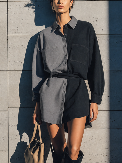 Vera — Camisa Denim Bicolor con Cinturón