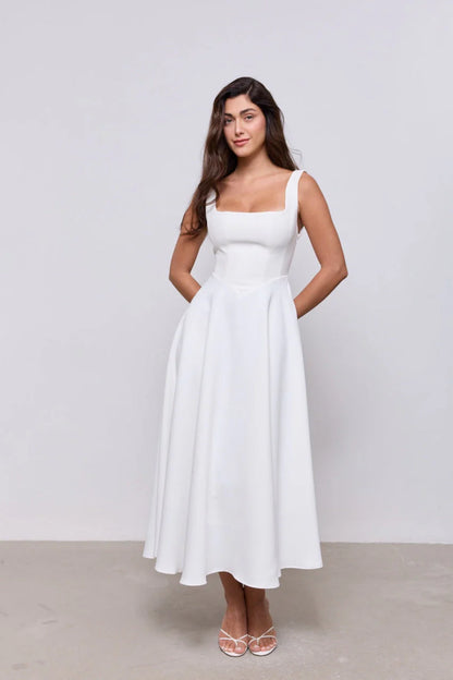 Elena — Vestido Midi Cuello Cuadrado