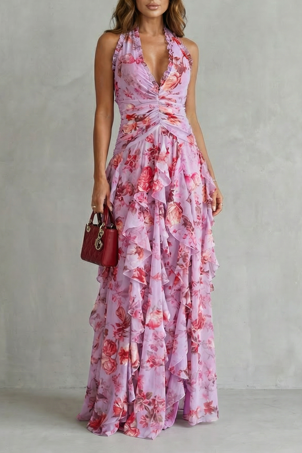 Belladina | Vestido largo romántico con cascada de rosas y escote halter