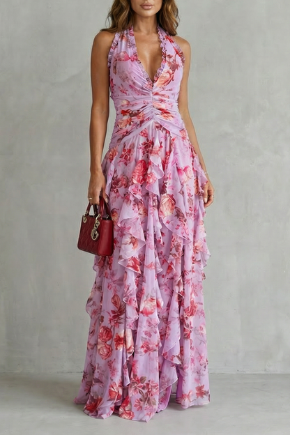 Belladina | Vestido largo romántico con cascada de rosas y escote halter