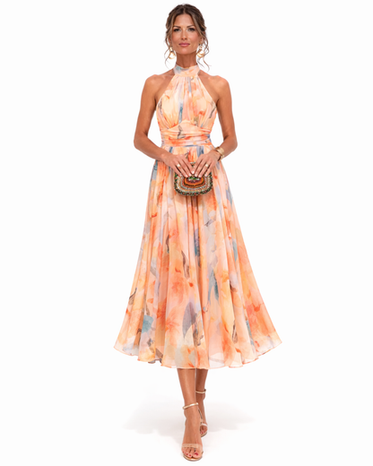 Aurora | Vestido con Cuello Halter y Estampado Acuarela