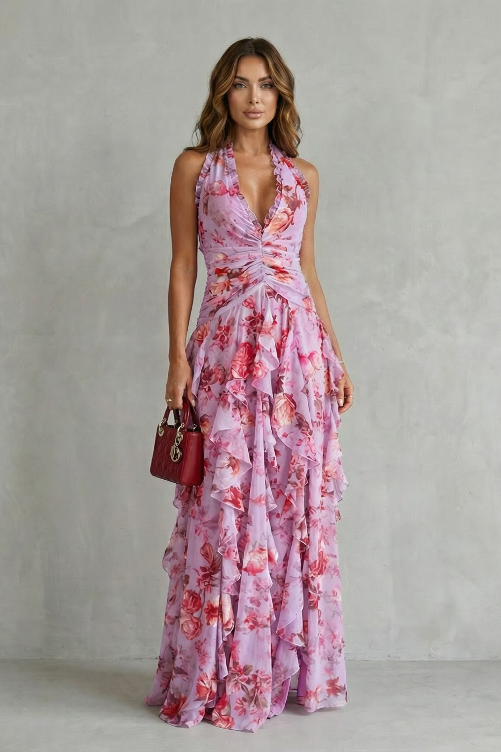 Belladina | Vestido largo romántico con cascada de rosas y escote halter