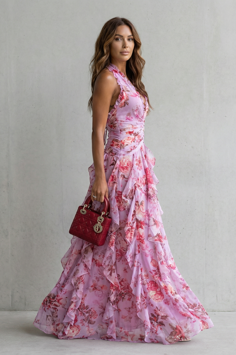 Belladina | Vestido largo romántico con cascada de rosas y escote halter