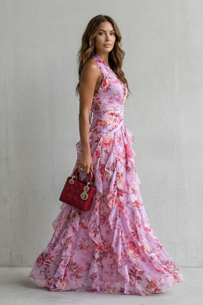 Belladina | Vestido largo romántico con cascada de rosas y escote halter
