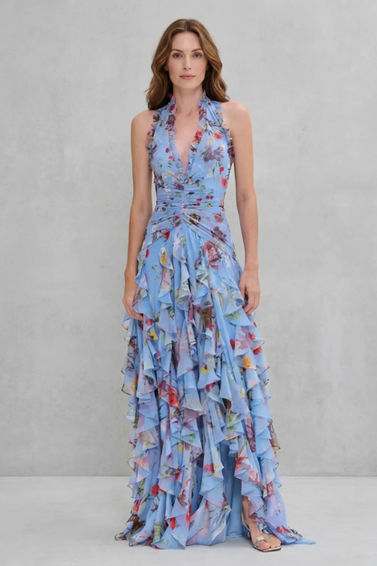 Belladina | Vestido largo romántico con cascada de rosas y escote halter