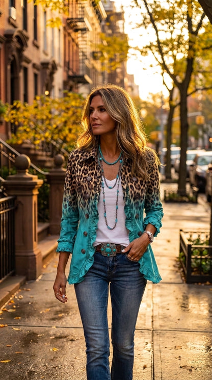 Vera — Chaqueta animal print degradada en turquesa