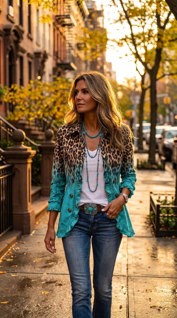 Vera — Chaqueta animal print degradada en turquesa