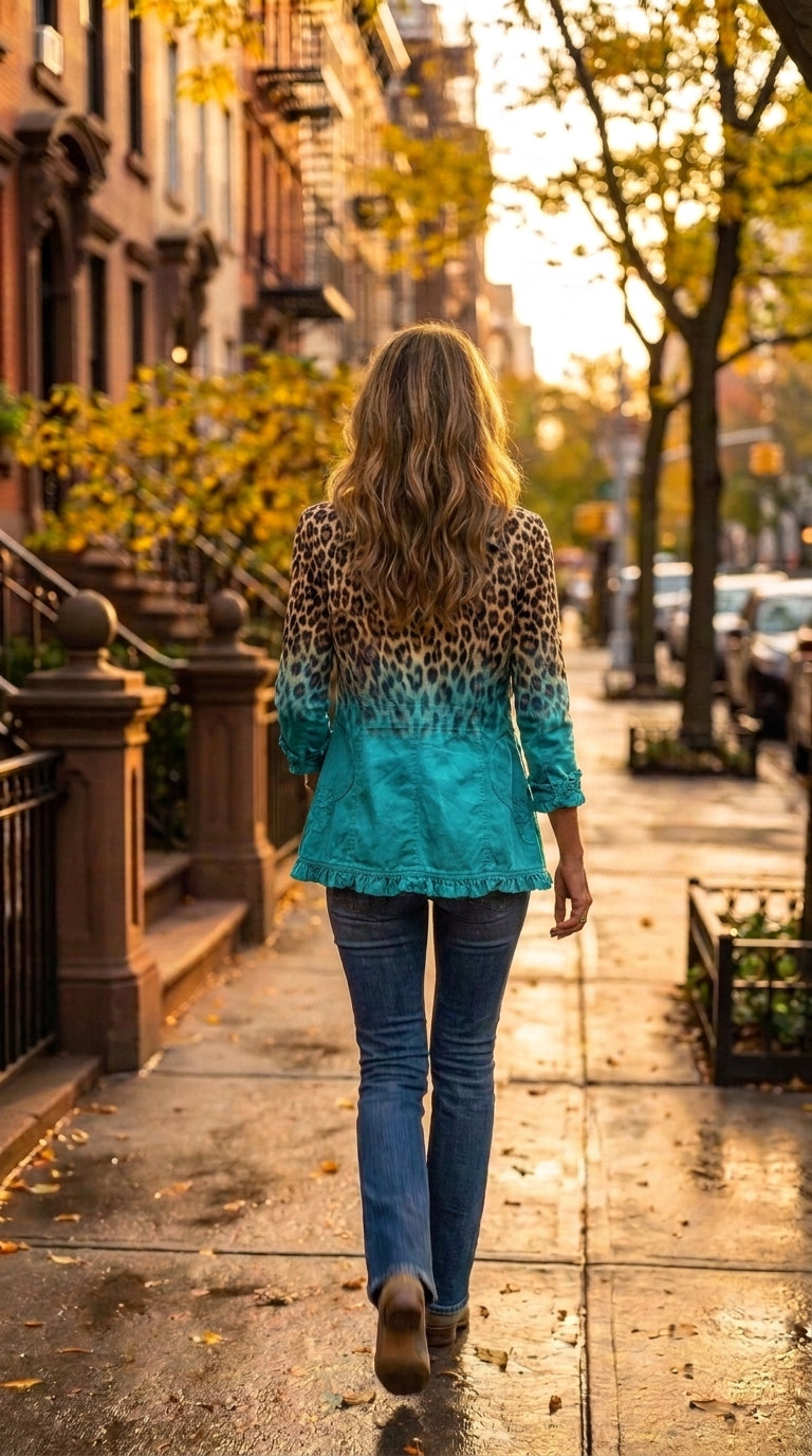 Vera — Chaqueta animal print degradada en turquesa