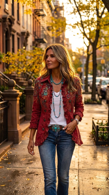 Camille — Chaqueta bohemia paisley roja con volantes