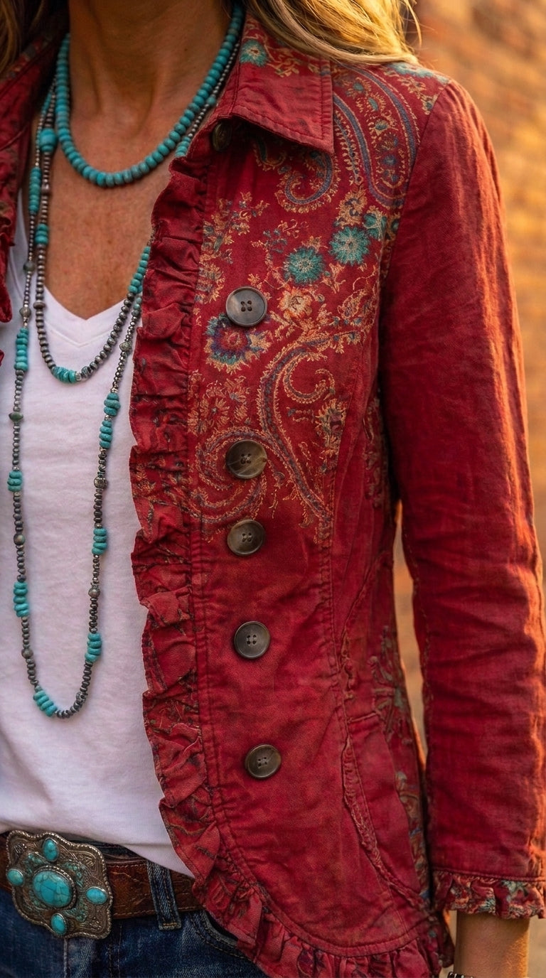 Camille — Chaqueta bohemia paisley roja con volantes