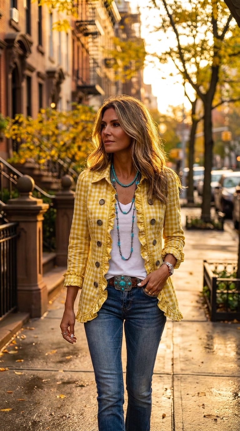 Amelia — Chaqueta vichy verde con volantes