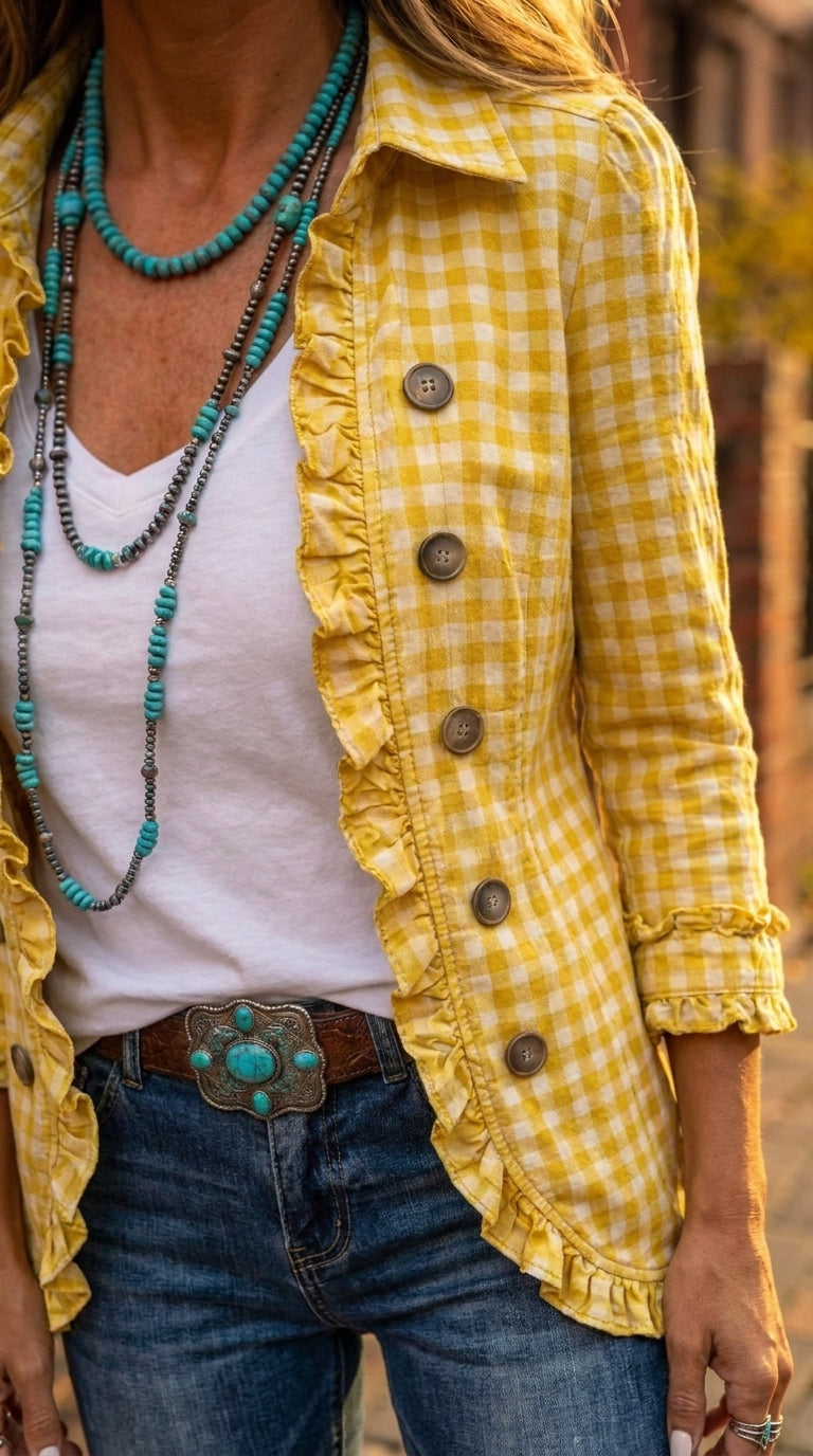 Amelia — Chaqueta vichy verde con volantes