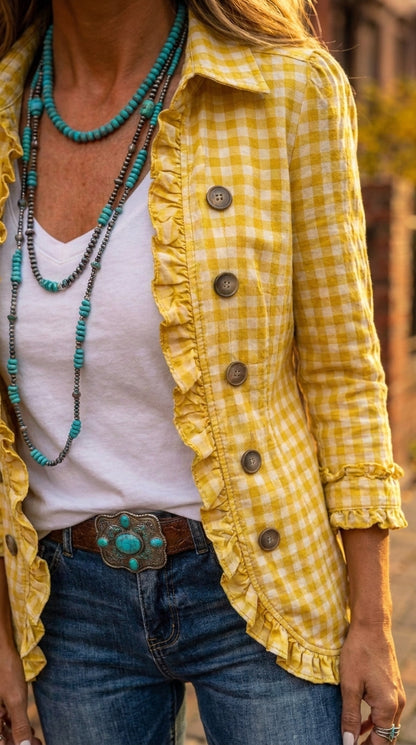Amelia — Chaqueta vichy verde con volantes