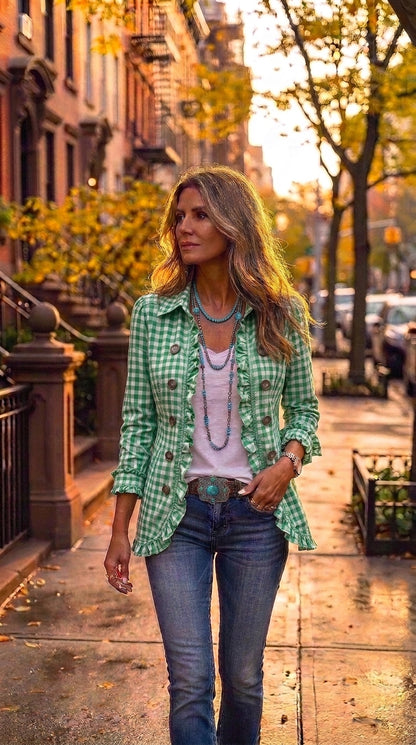 Amelia — Chaqueta vichy verde con volantes