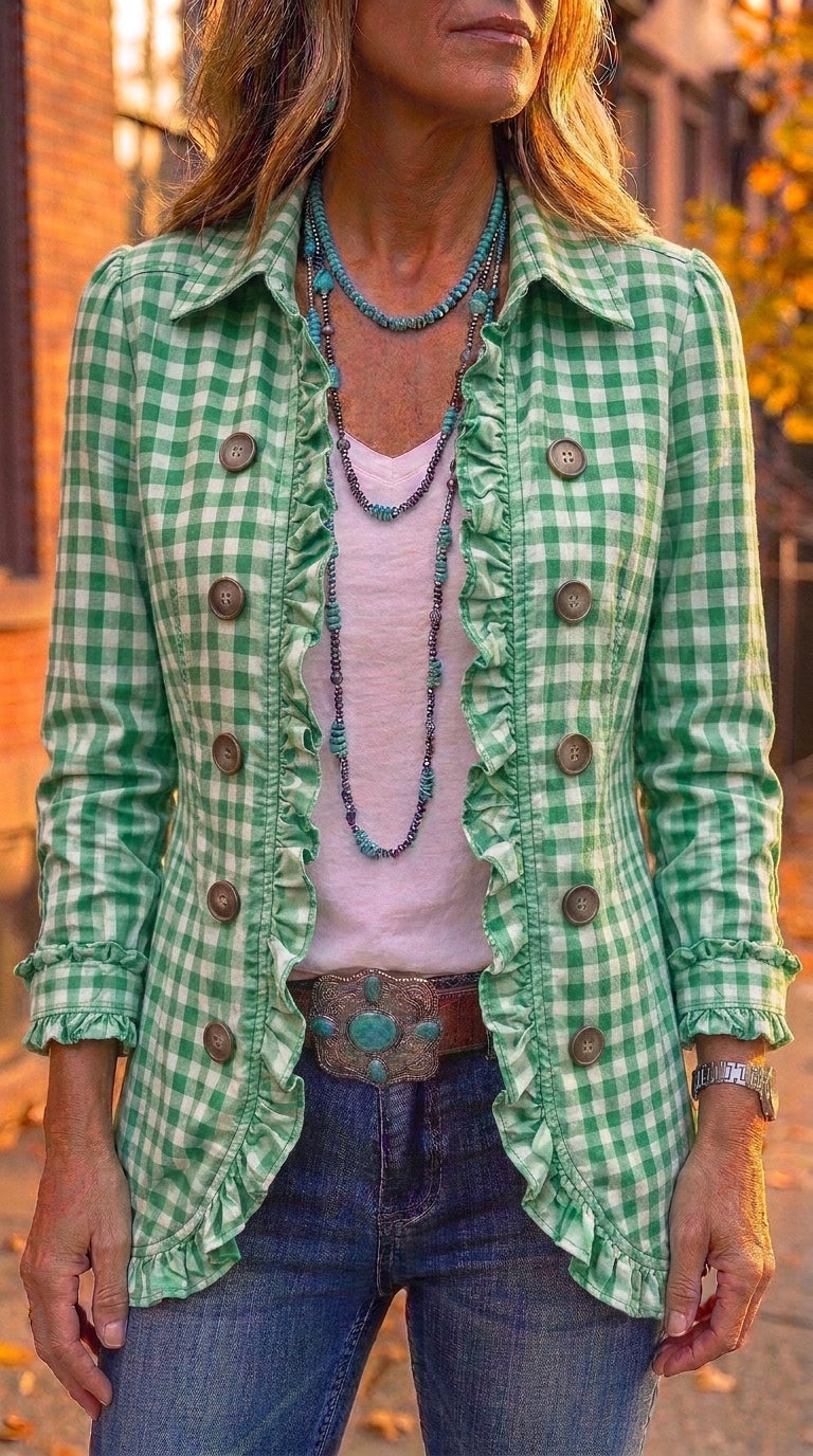Amelia — Chaqueta vichy verde con volantes