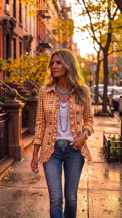 Amelia — Chaqueta vichy verde con volantes
