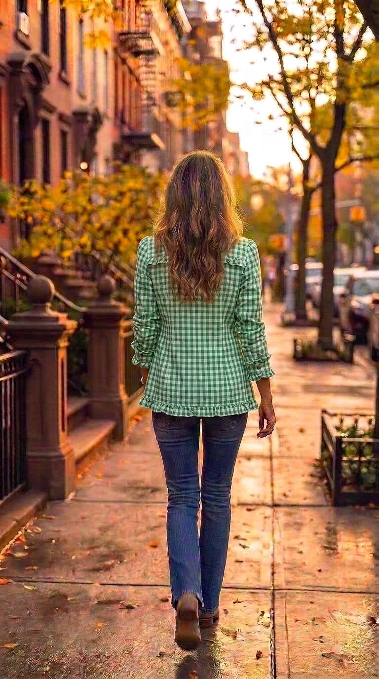 Amelia — Chaqueta vichy verde con volantes