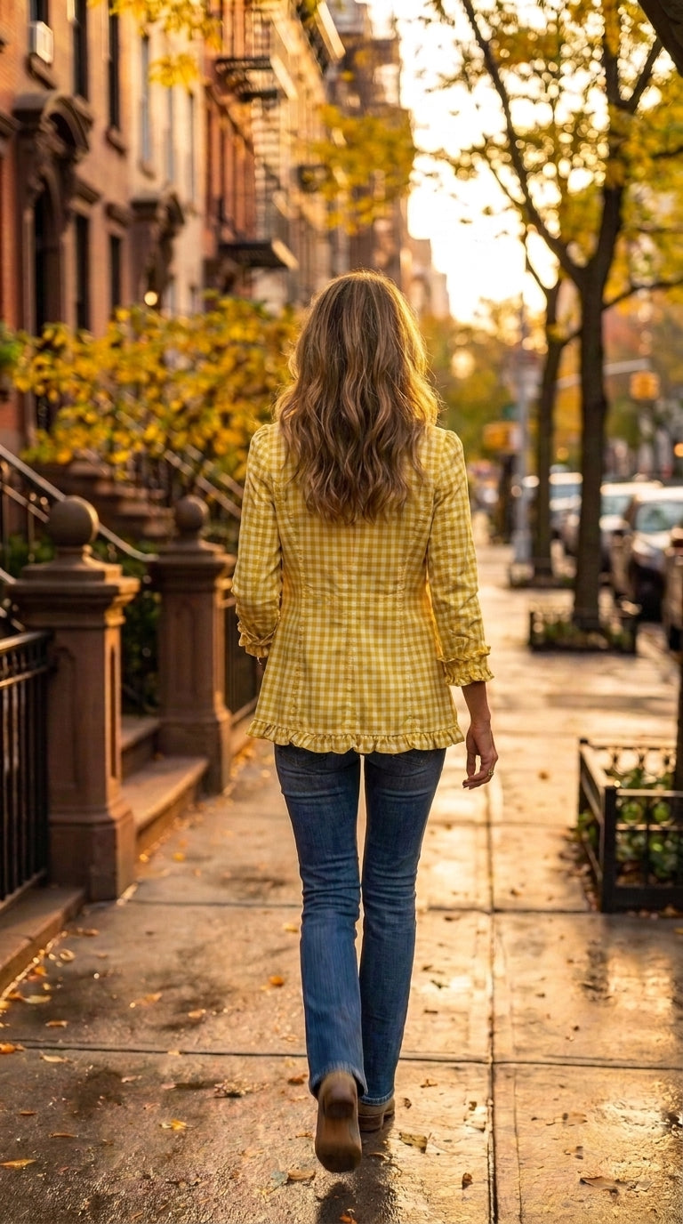 Amelia — Chaqueta vichy verde con volantes