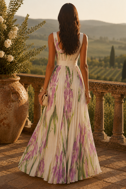 Vestido largo floral de gasa plisada
