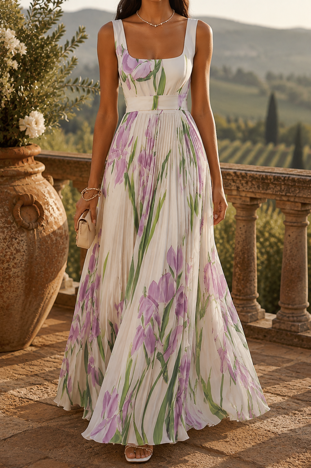 Vestido largo floral de gasa plisada