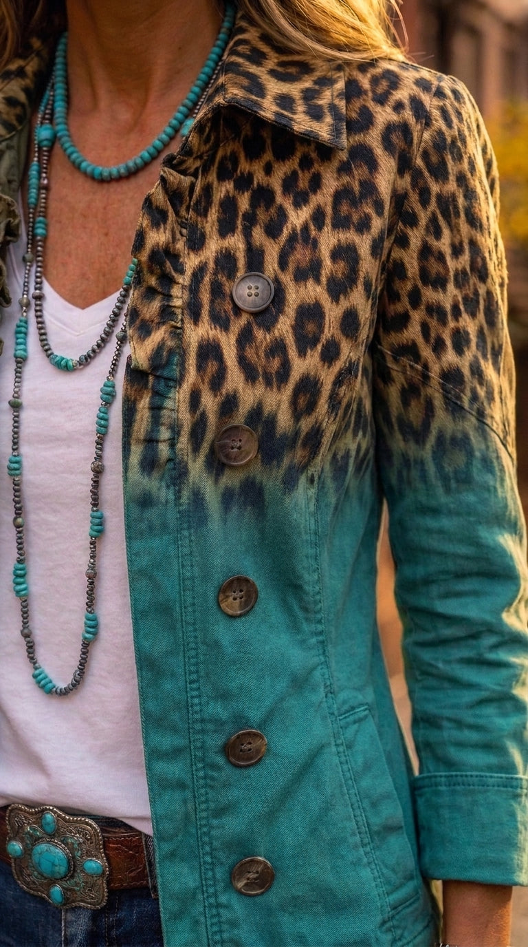 Vera — Chaqueta animal print degradada en turquesa