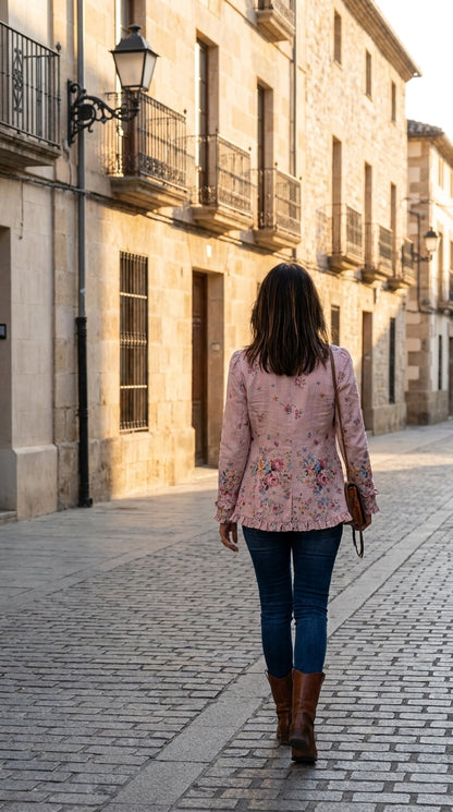 Rosalía — Chaqueta Floral Rosa con Volantes