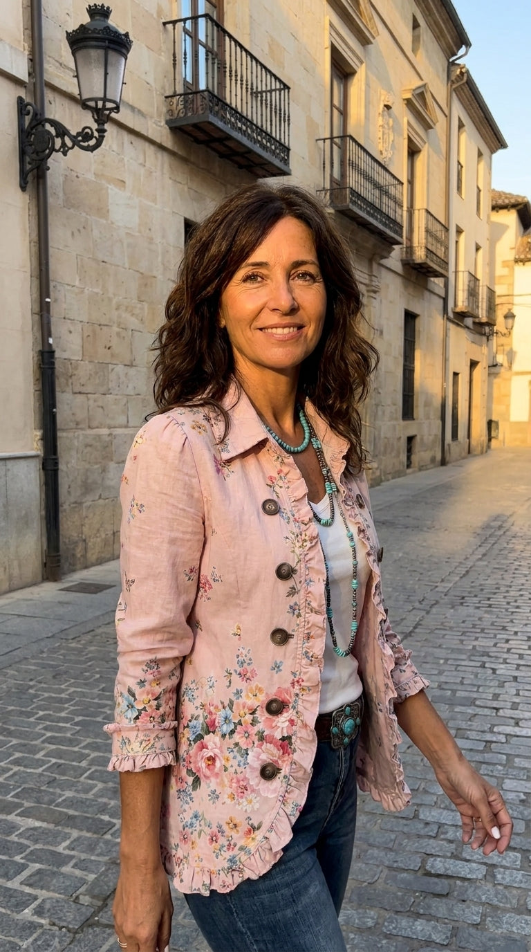 Rosalía — Chaqueta Floral Rosa con Volantes