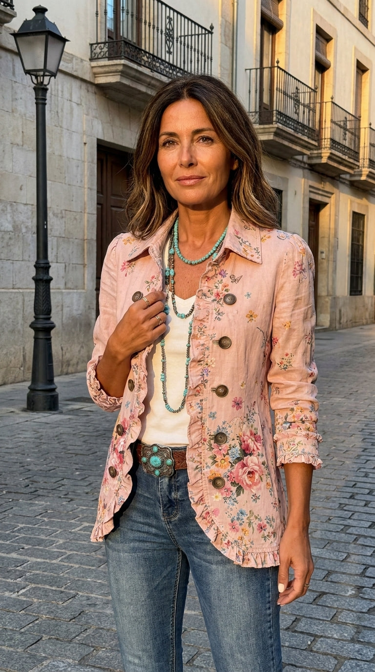 Rosalía — Chaqueta Floral Rosa con Volantes