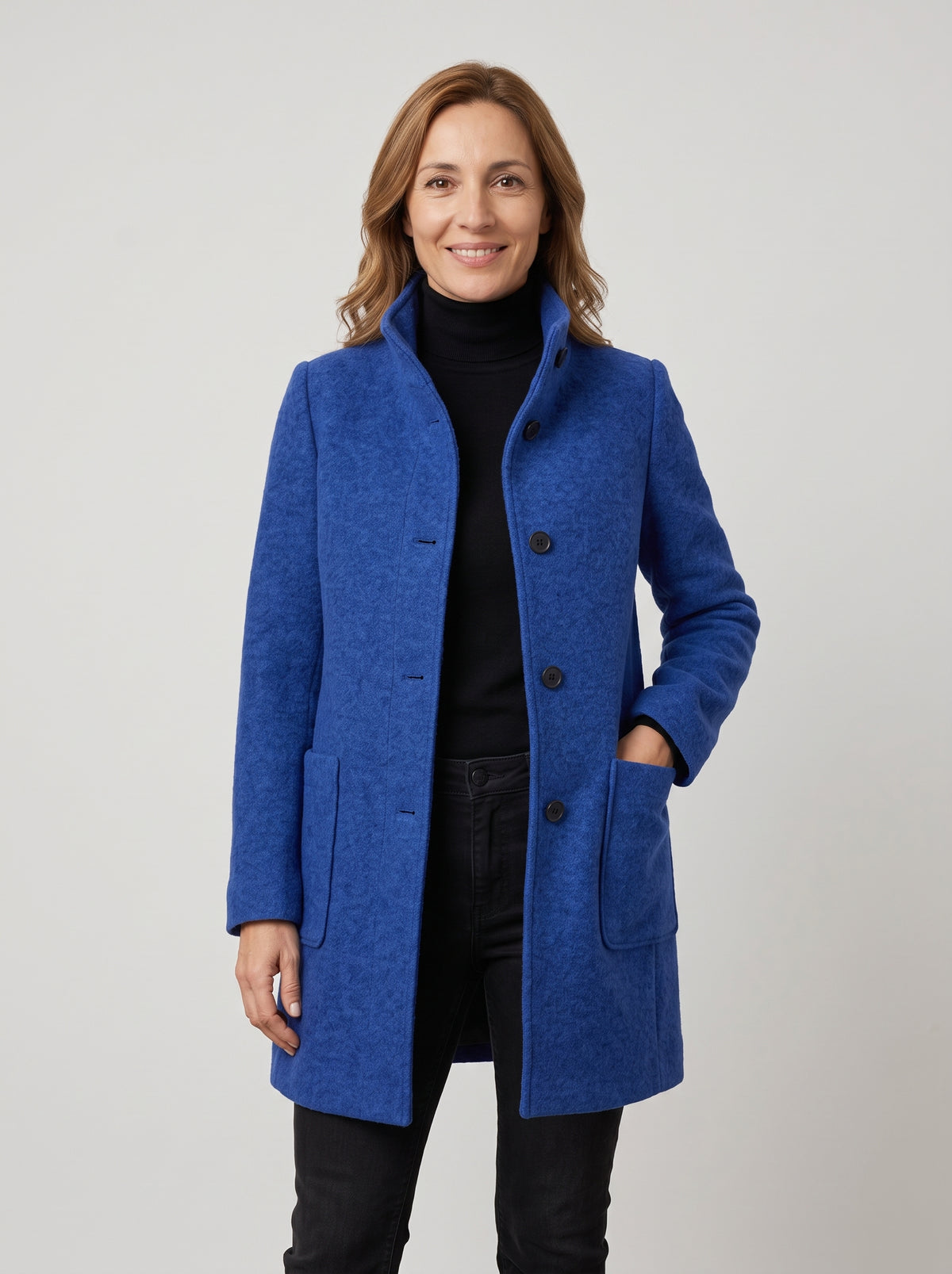 Abrigo bouclé con cuello alto – Azul oscuro