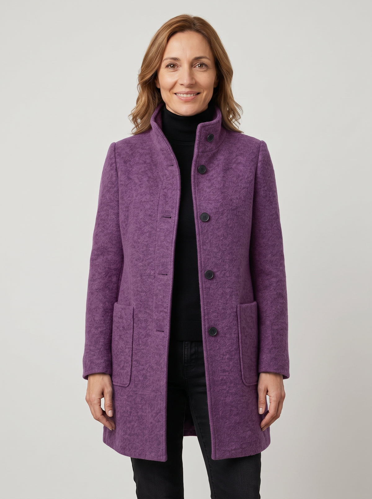 Abrigo bouclé con cuello alto – Morado