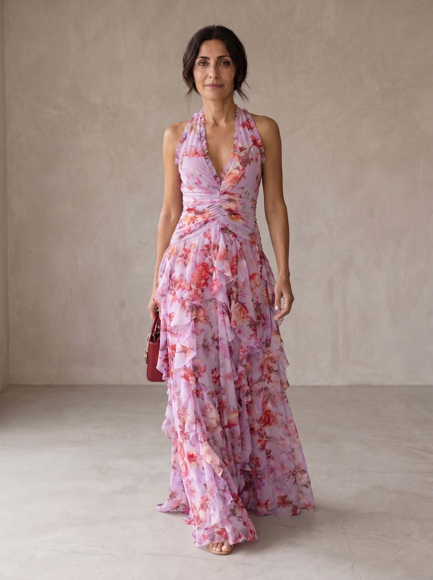 Belladina | Vestido largo romántico con cascada de rosas y escote halter