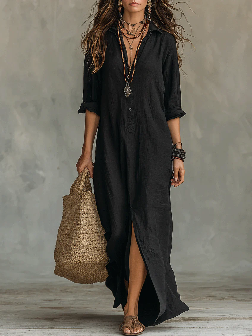 Valentina — Vestido Camisero Maxi Negro