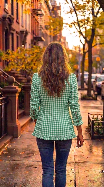 Amelia — Chaqueta vichy verde con volantes